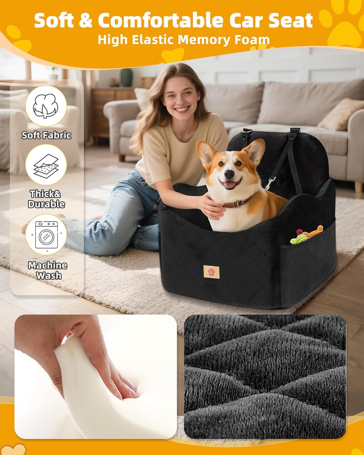Car Seat Booster for Dog: High-Support Memory Foam Pet Car Seat for Small/Medium Dogs Under 35lbs with Elevated Cushion - Detachable Washable Puppy Travel Bed for Driving with Pockets (Black)
