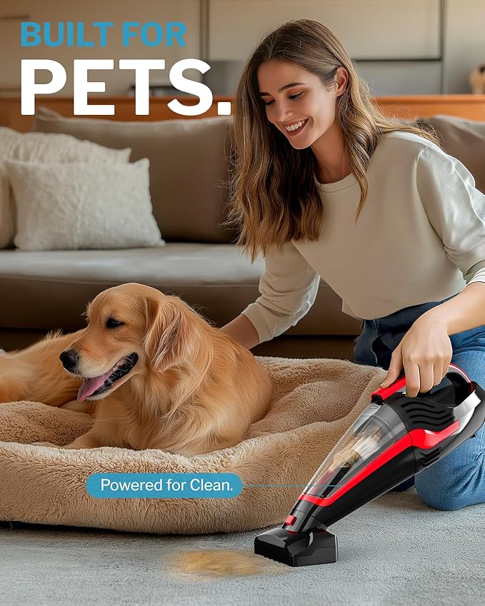 Pet Hair Handheld Vacuum Cordless, Car Vacuum Rechargeable with Reusable Filters, Motorized Brush and Multi-Accessories for Carpet, Couch & Stairs, Red, 17.0"X 4.6"X 6.6"