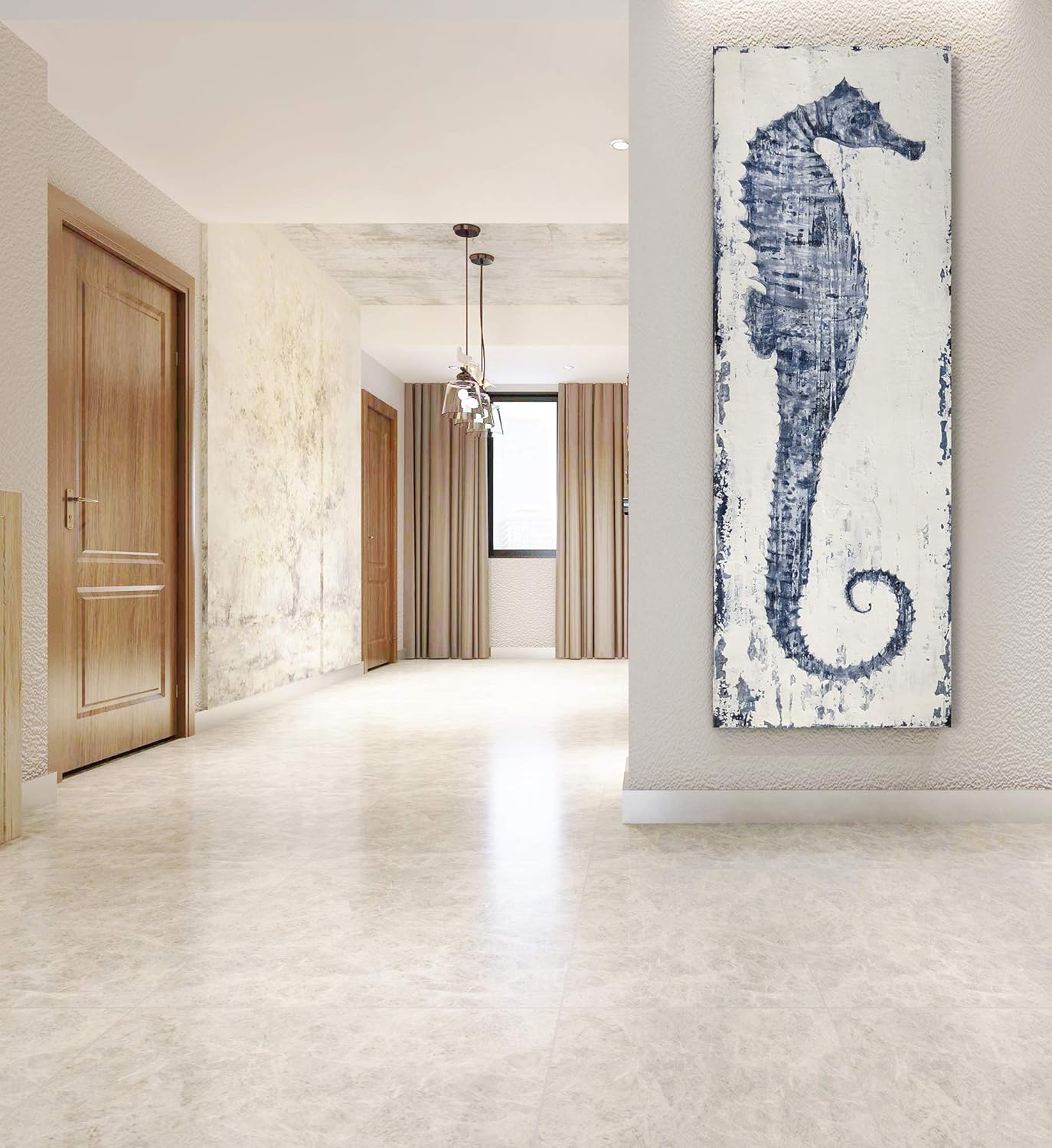 Yihui Arts Seahorse Wall Art Hand Painted Costal Paintings Blue Pictures Canvas Artwork for Living Room Bedroom Decoration