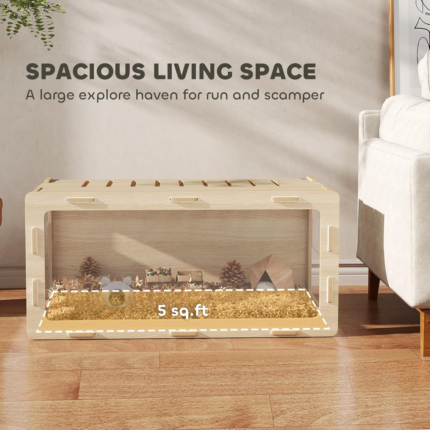 PawHut Hamster Cage with Easy View Acrylic Panels, Small Animal Cage with Air Vents & Openable Roof, Large Habitat for Dwarf, Gerbil, Guinea Pig, Rat, 39" x 20" x 18.5", Oak