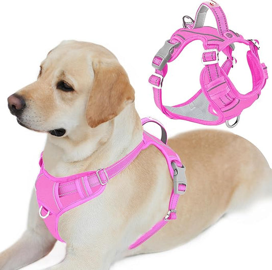 BARKBAY Dog Harness No Pull Oxford with ID Tag Pocket - Heavy Duty, Reflective, Easy Control for Large Dogs(Pink Oxford,L)