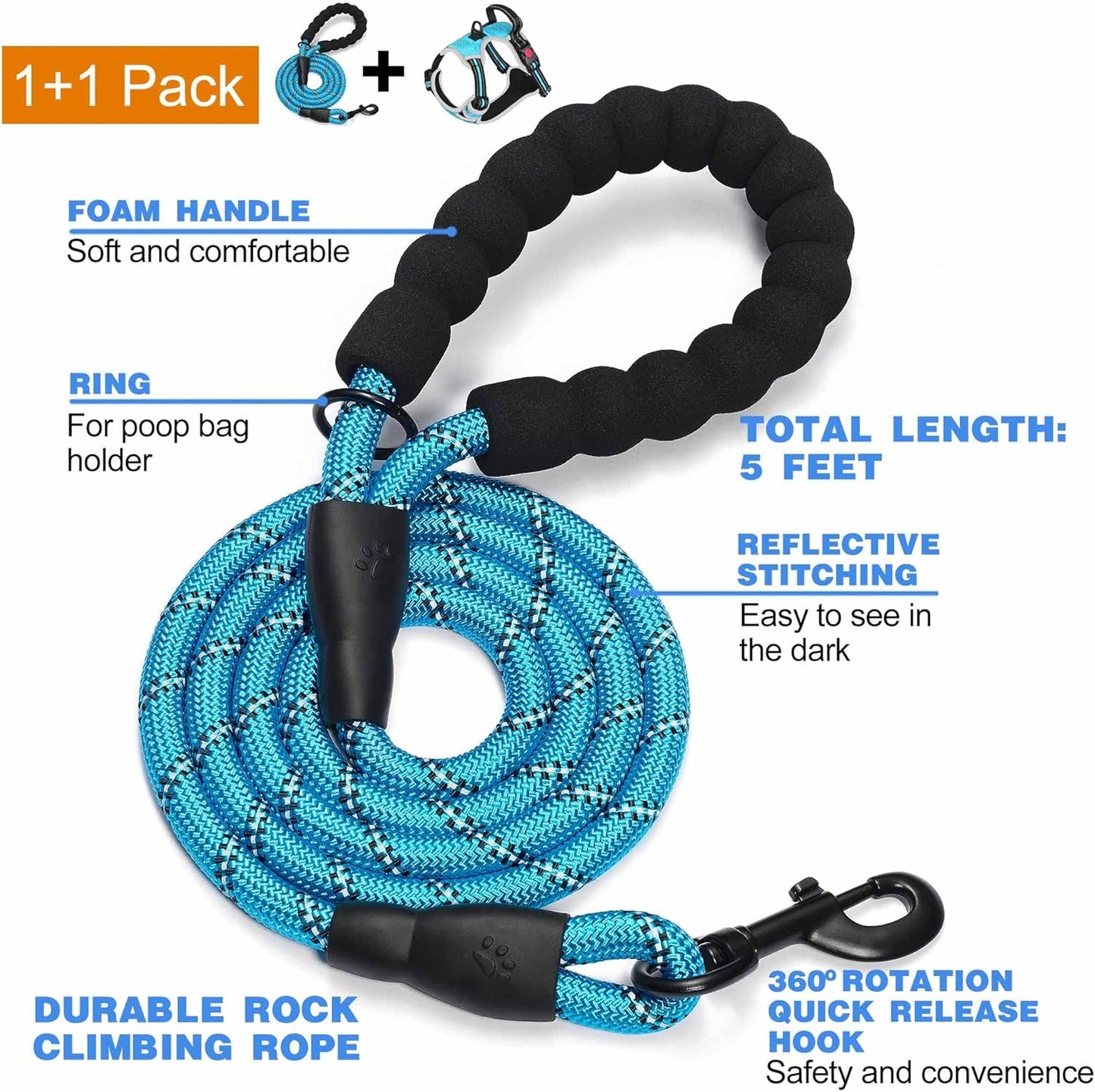 No Pull Dog Harness Adjustable Reflective Oxford Easy Control Medium Large Dog Harness with A Free Heavy Duty 5ft Dog Leash