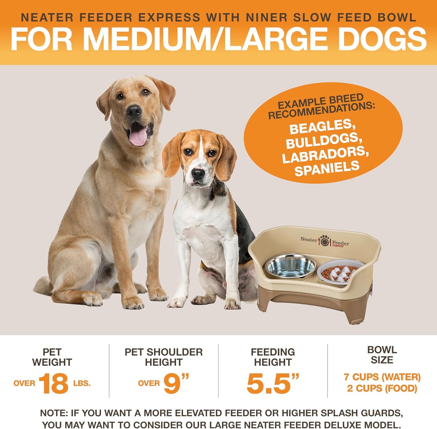 Neater Feeder Express Mess Proof Dog Bowls Elevated for Medium and Large Breed – Made in USA – No Spill Raised Slow Feeder Elevated Dog Bowl Stand, Slow Feed Food and Water Bowl Set, Cappuccino