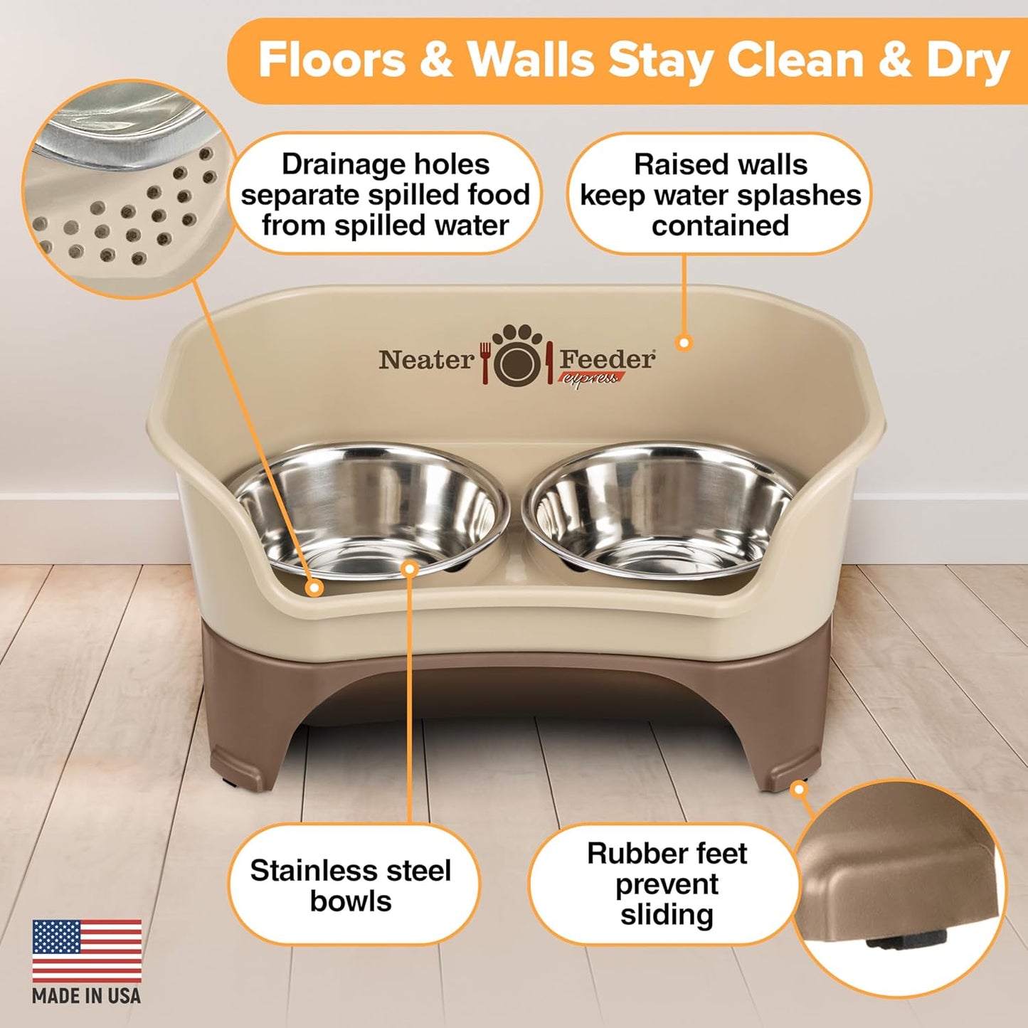 Neater Feeder Express Mess Proof Dog Bowls Elevated for Medium to Large Sized Breed, No Spill Raised Dog Food Bowl Stand, Stainless Steel Food and Water Bowl Set, Pet Dish Feeding Station, Cappuccino