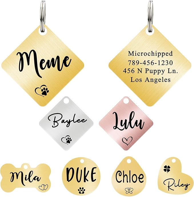 Ultra Joys Dog ID Tag, Custom Dog Tag Personalized Cat Tag, Pet ID Tag, Brushed Stainless Steel Diamond Dog Tag Gold Large