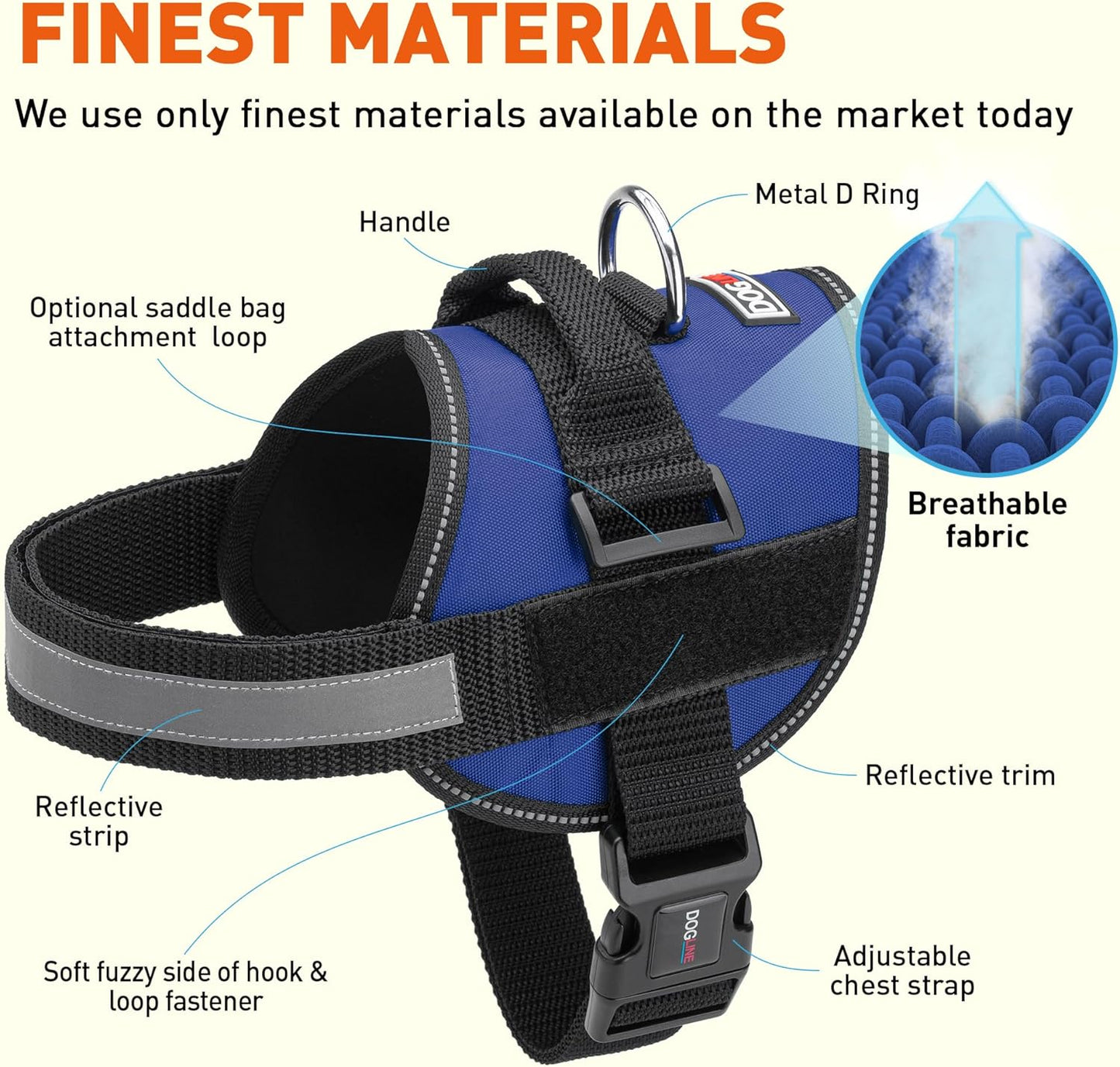 Dogline Dog Harness, Reflective No-Pull Adjustable Vest with Handle for Walking, Training, Breathable, No - Choke Harness for Small, Medium or Large Dogs Room for Patches Girth 27 to 34 in Cyan Blue