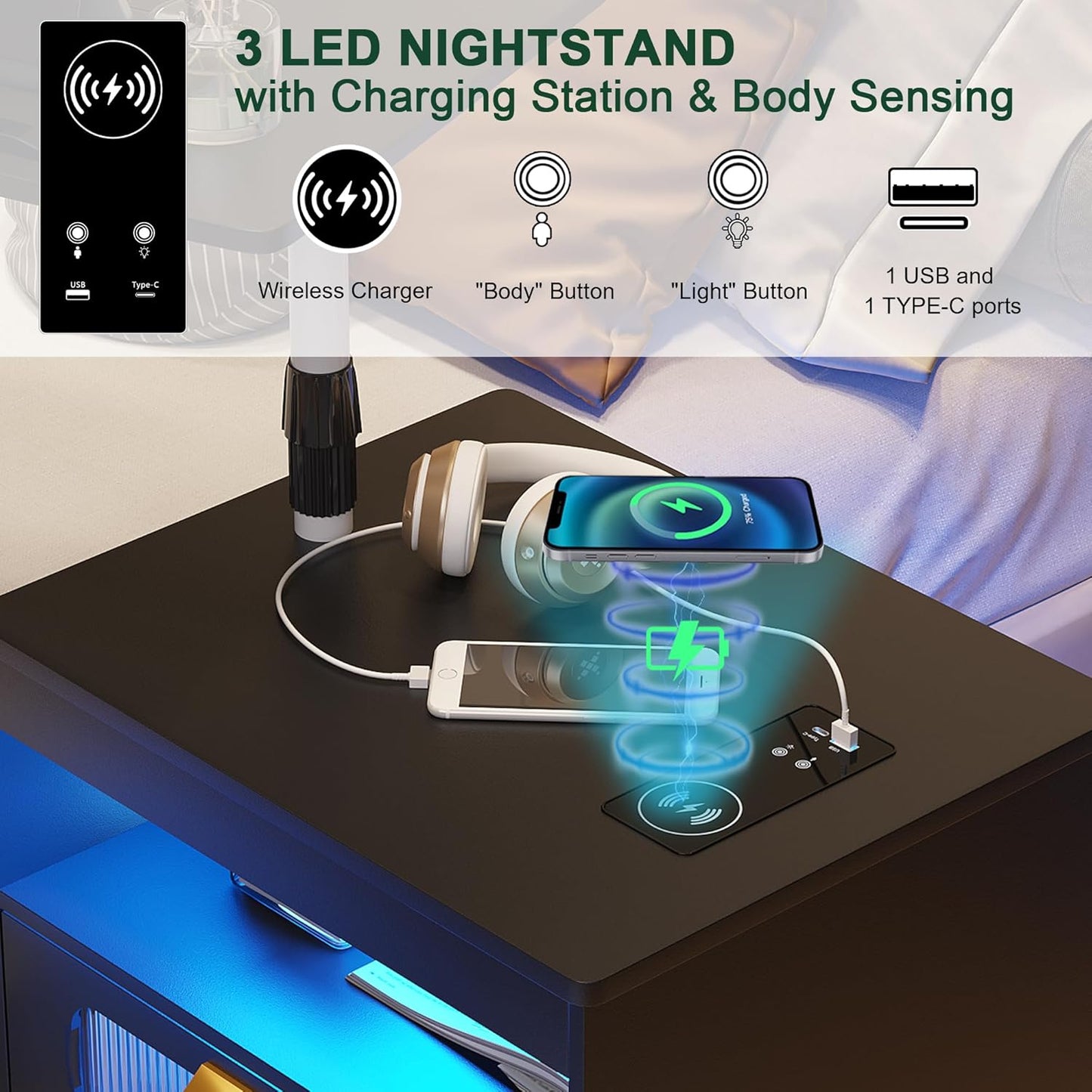 HNEBC Nightstand with Wireless Charging Station, LED Nightstand Has Adjustable Rotary Workstation,Smart Night Stand with 2 Drawers,Modern Bedside Table for Bedroom, Sensor Light/Wheel (Black)