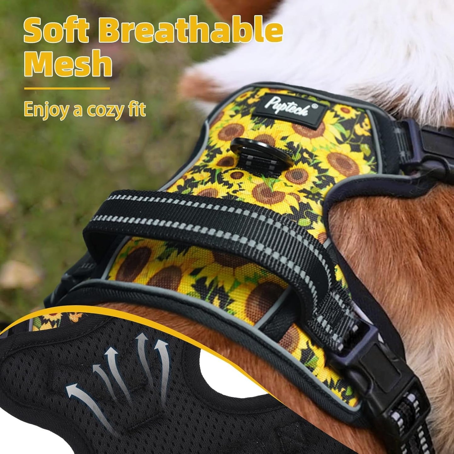 PUPTECK No Pull Dog Harness for Large, Adjustable Reflective Dog Harness with Handle Easy Control, Comfortable Soft Padded Pet Vest Harness for Large Dogs, Sunflower L