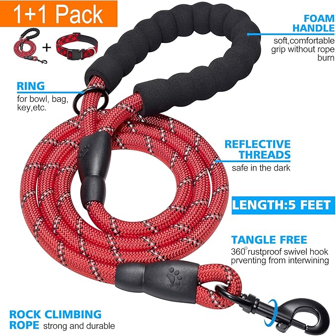 Reflective Dog Collar Padded with Soft Neoprene Breathable Adjustable Nylon Dog Collars for Small Medium Large Dogs (Medium (Pack of 1), Red Plaid Collar+Leash)