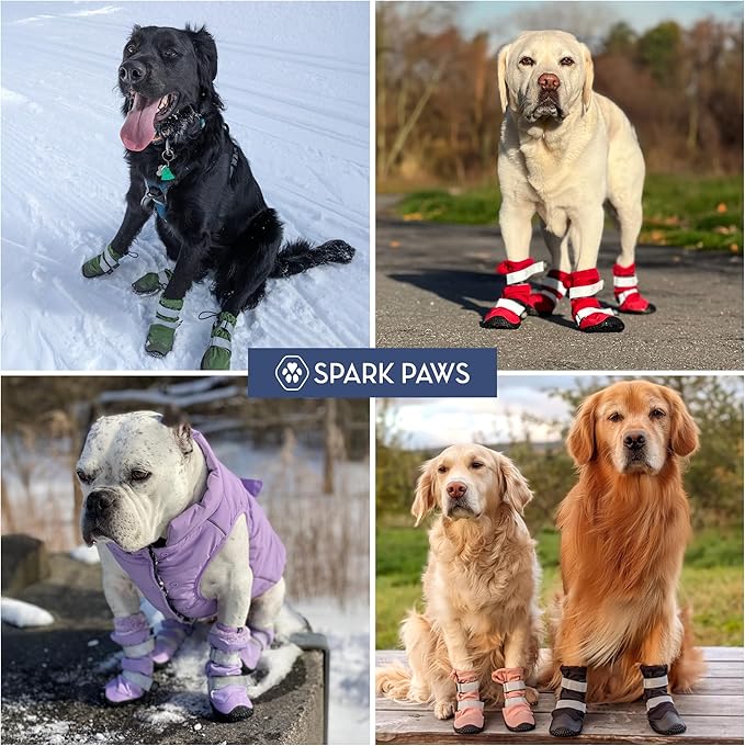 Spark Paws Dog Shoes, Waterproof Dog Boots for Medium to Large Dogs, Non Slip, Breathable Dog Booties and Paw Protectors - 4PCS Doggie Hiking Boots with Reflective Straps - Black - Size 4