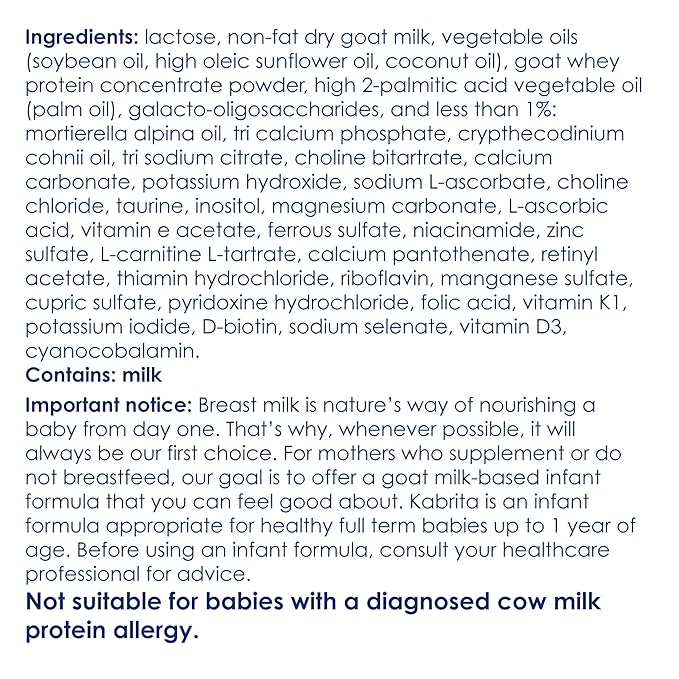 Kabrita Goat Milk Infant Formula - Easy to Digest Baby Formula 0-12 Months - Contains Prebiotics, Iron, DHA, Non-GMO - Gentle on Sensitive Tummies - Formula Supporting Gut Health & Sleep - 28Oz