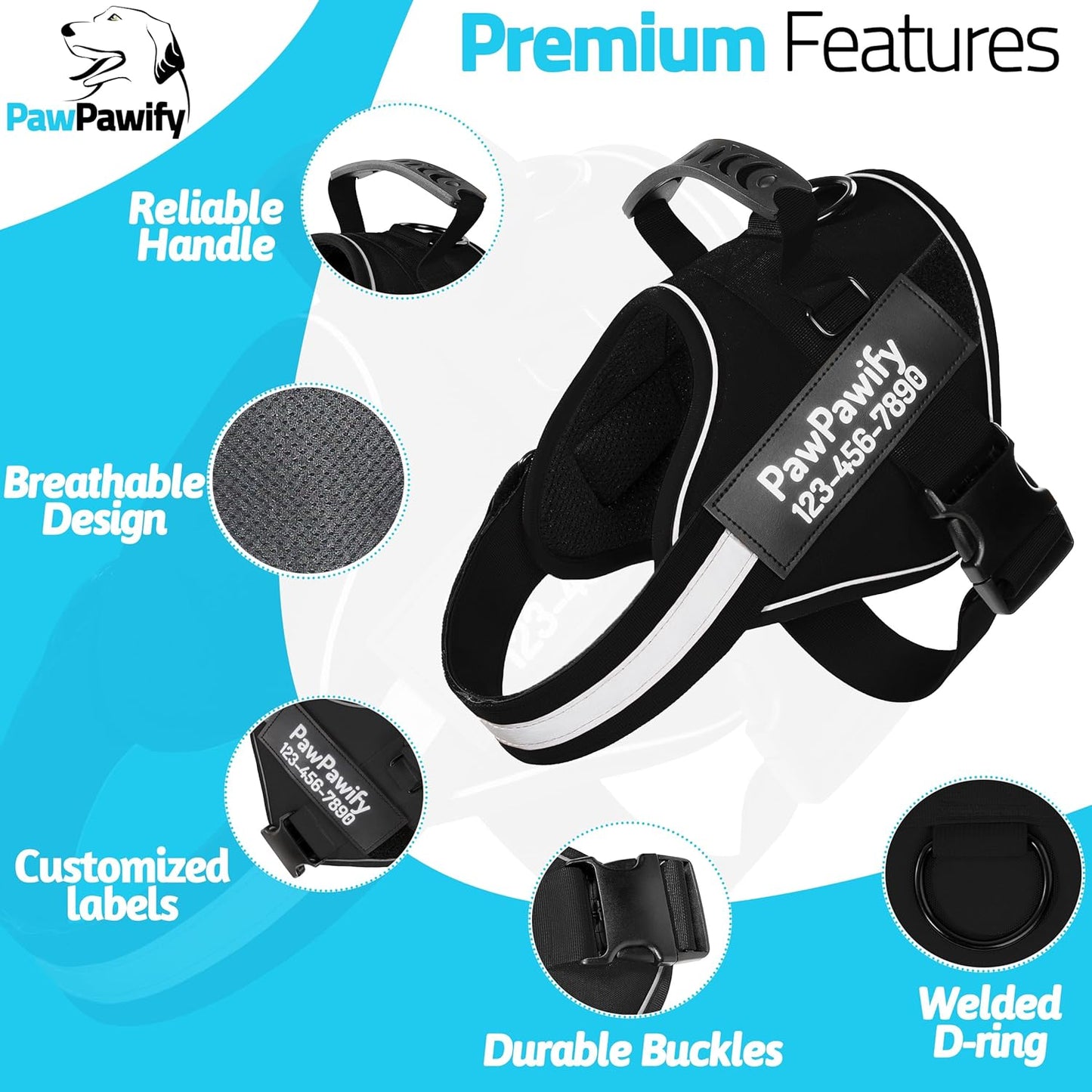PawPawify Custom No Pull Dog Harness with Name and Phone Number, Heavy Duty Personalized Pet Vest to Prevent Tugging, Pulling, or Choking, Training and Walking (New Black, L (40-60 LBS))
