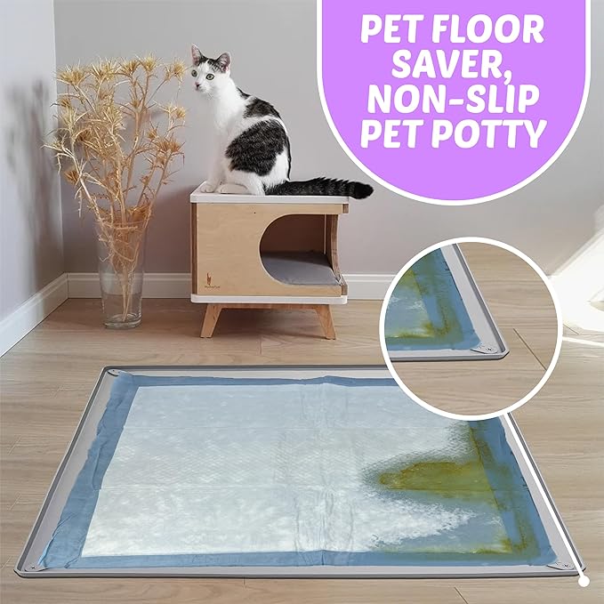 TidyFriend Dog Pee Pad Holder Tray Fits for 28” x 34” Pee Pads with Corner Lock Holes, Raised Edges, Non-Spill, Easy to Clean Silicone Dog Potty Tray Holder, for Indoor Floor Protection (Light Grey)