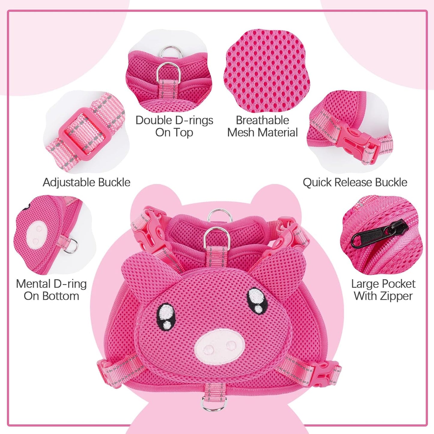 IDOMIK Dog Backpack Harness, No-Pull Dog Backpack with D-Ring for Small Medium Dogs, Cute Self Carrier Backpack for Dogs to Wear, Adjustable Dog Harness Backpack for Traveling Camping Hiking,Pig,M
