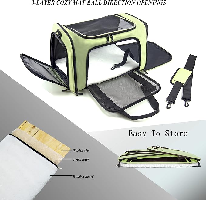 Soft Sided Carrier for Small Medium Cats Dogs,Removable Pad Collapsible Travel Pet Carrier Large Green