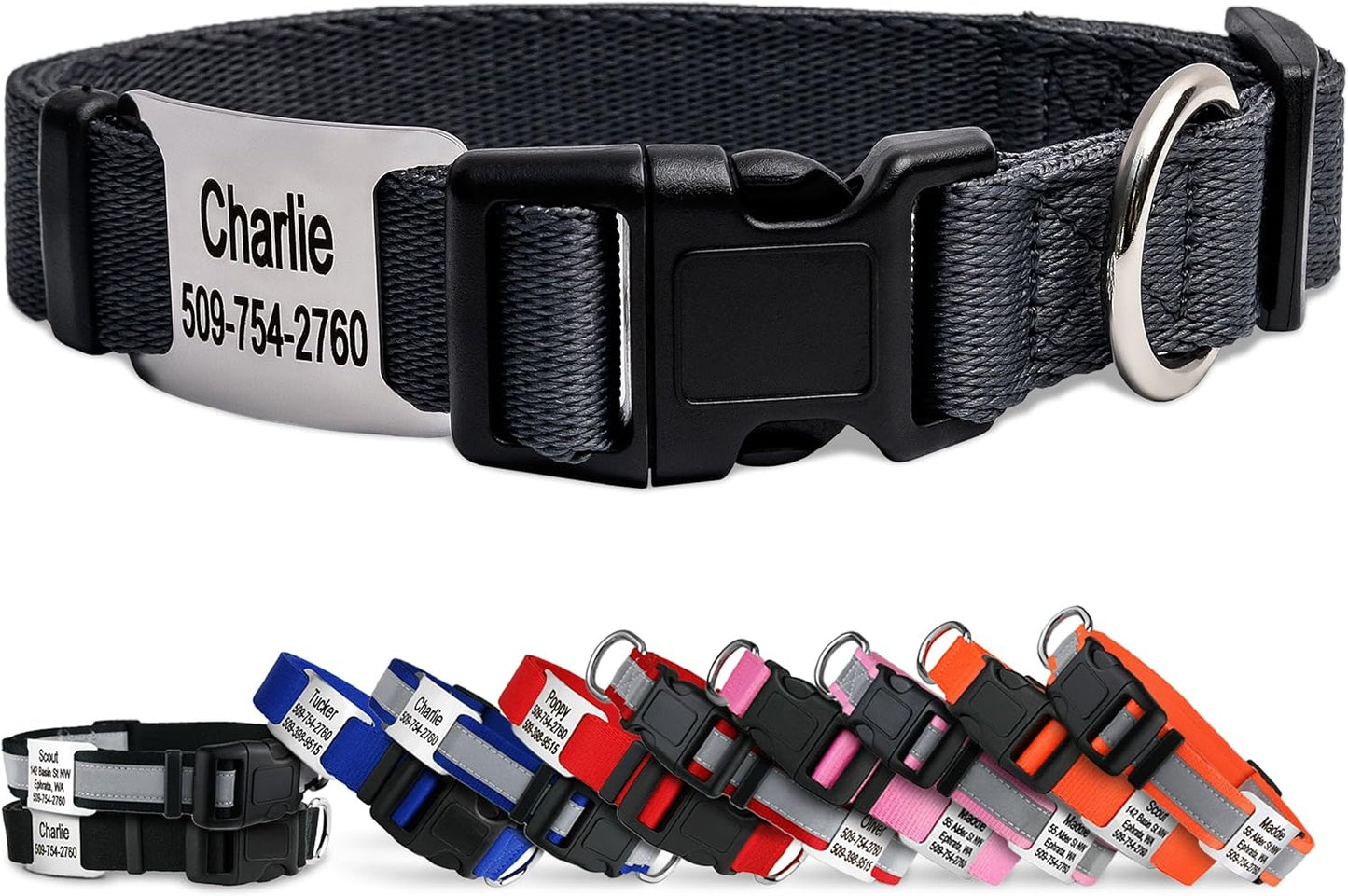 GoTags Personalized Dog Collar with Nameplate, Adjustable Dog Collar with Custom Engraved Slide On Pet ID Tag in Stainless Steel, Silent, No Noise Dog Tag (Charcoal, Medium)