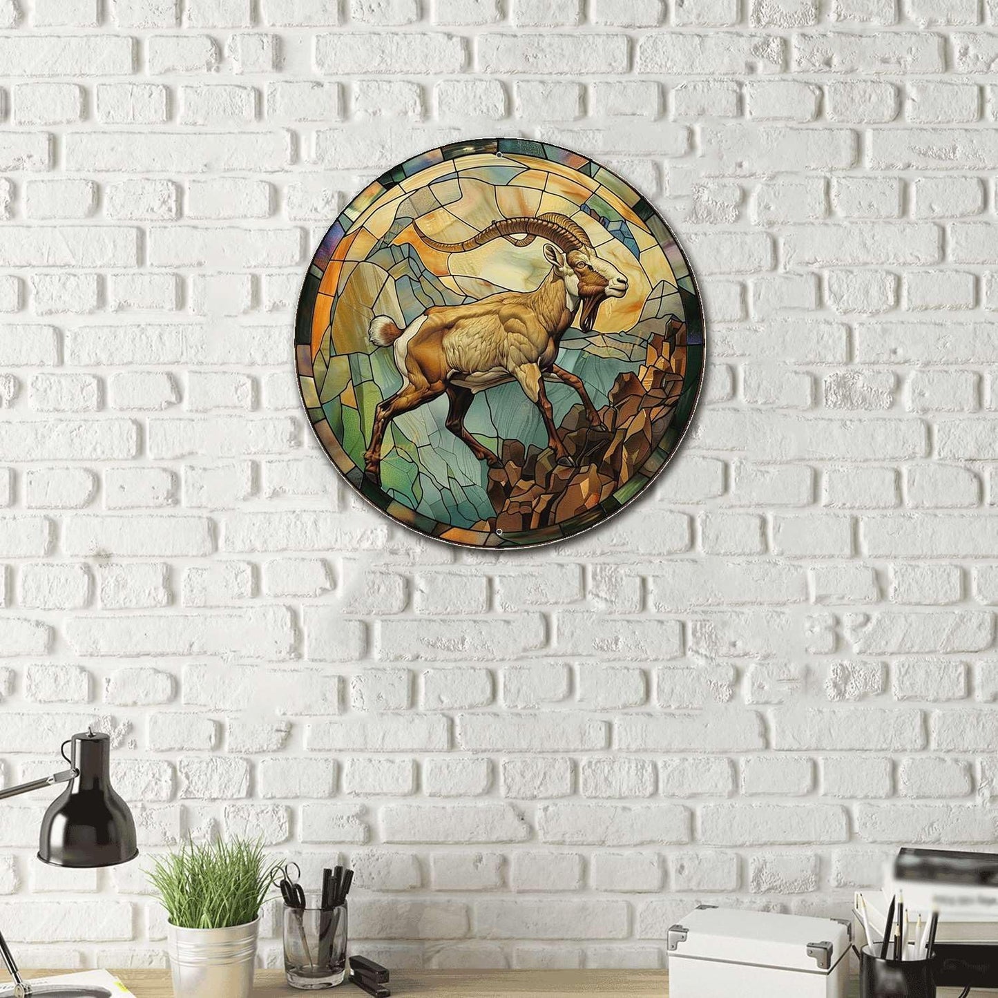 Lygond Metal Sign Tin Sign Circular Stained Glass Mountain Goat Garden Metal Sign For Bar 8×8 Inches
