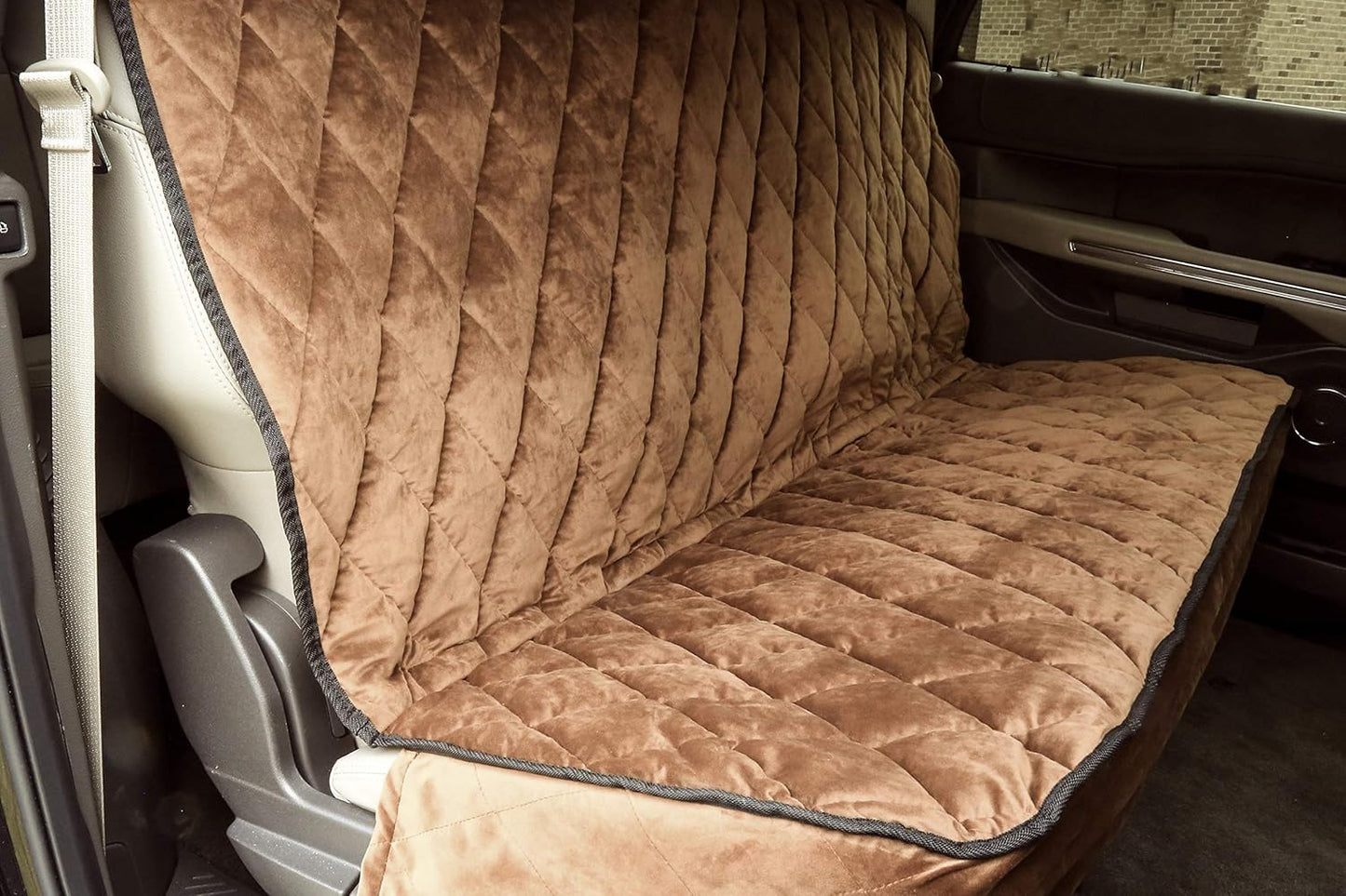 Plush Paws Products Velvet Rear Car Seat Protector w/o Hammock | Washable & Waterproof Back Seat Dog Cover for Car, Truck, & SUV | Nonslip, Tear Resistant Pet Seat Cover | Regular Desert Sand