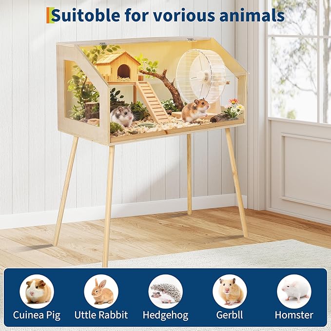 Hamster Cage with Legs, 32" L x 16" W x 40" H Large Hamster Habitats Enclosure with Acrylic Window & Openable Top,Small Animal Cage Chew Proof for Guinea Pig, Chinchilla, Gerbil