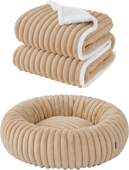 Bedsure Donut Medium Dog Bed 30x30x8 inches with Waterproof Dog Blankets for Medium Dogs 30"x40", Tuscan Beige