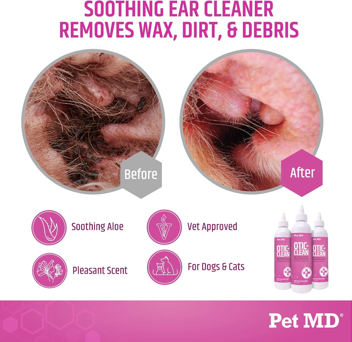 Pet MD Otic Clean Dog Ear Cleaner for Cats and Dogs - Effective Against Infections, Itching, and Controls Odor - 8 oz