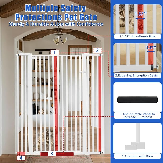 59 Inch Extra Tall Pet Gate for Cats,29.5-43" Adjustable Wide Dog Gates,No Drilling Pressure Mounted Walk Through Tall Cat Gate for Doorways,Hallway,Stairs