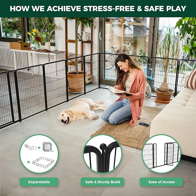 FXW Homeplus Unleashed Indoor Dog Playpen - Stress-Free and Safe Play, Heavy Duty 40 Inch 8 Panels Dog Pen for Medium and Large Dogs, Black│Patented