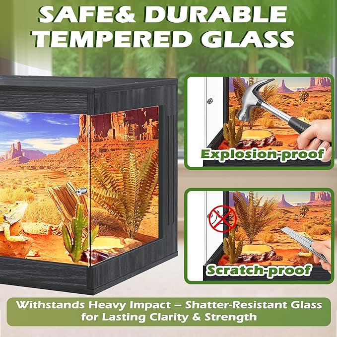 Royxen Tempered Glass Reptile Enclosure,Reptile Tank with Wooden Mesh Top and Lockable Design,32 Gallon Bearded Dragon Tank for Lizard Gecko Tortoise Snake Habitat,32" x 16" x 16",Black