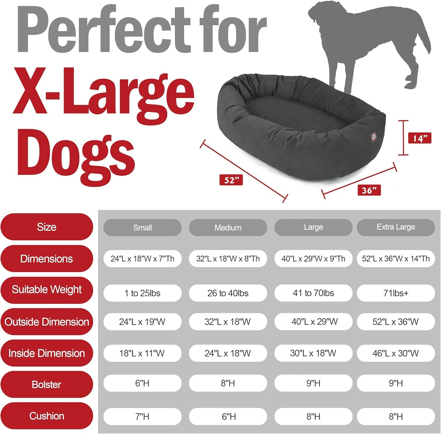 Majestic Pet 52 Inch Suede Shredded Memory Foam Mix Calming Extra Large Dog Bed Washable 52 x 35 x 11 (Inch) - Cozy Soft Round Donut Dog Bed with Spine for Head Support - Pet Bed Gray