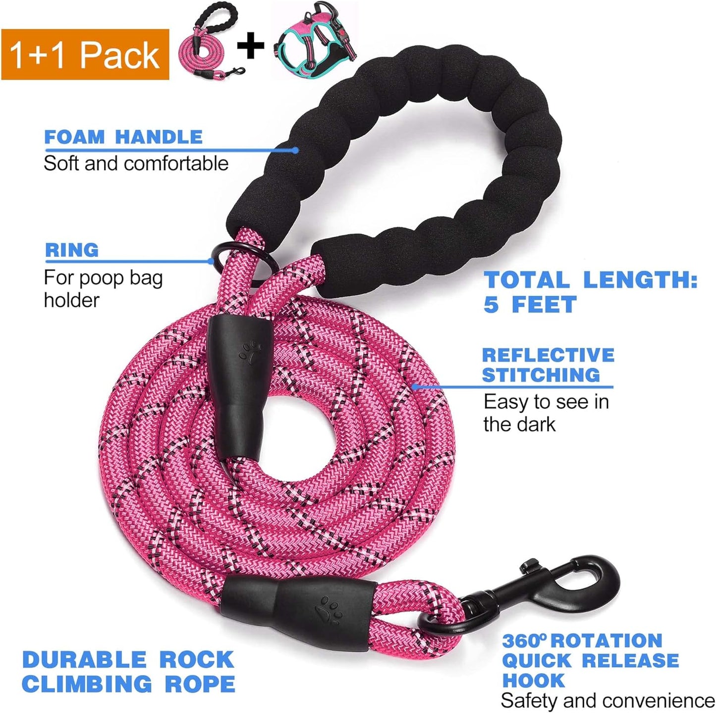 No Pull Dog Harness Adjustable Reflective Oxford Easy Control Medium Large Dog Harness with A Free Heavy Duty 5ft Dog Leash