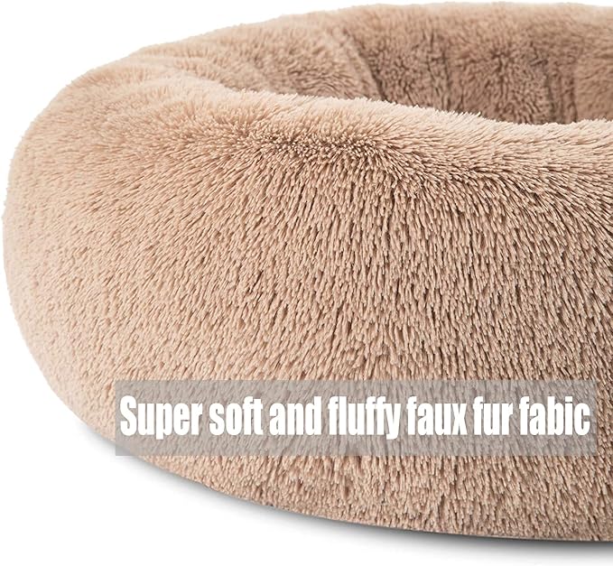 Calming Faux Fur Dog Beds Calming Donut Cuddler Dog Bed Washable Round Cat Bed Pillow Cuddler Fluffy Indoor Dog Calming Beds with Anti Slip Bottom Solid Color Lake Blue 20 Inch