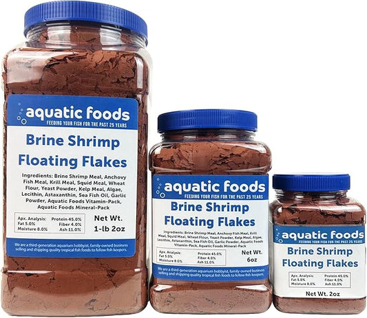 Aquatic Foods Inc. Brine Shrimp Flakes for All Freshwater Fish, All Marines, Tangs, Butterflies, Angels, Anthias, Clown Fish Also Pellet Mix, Wafer Mix Included…6oz Jar