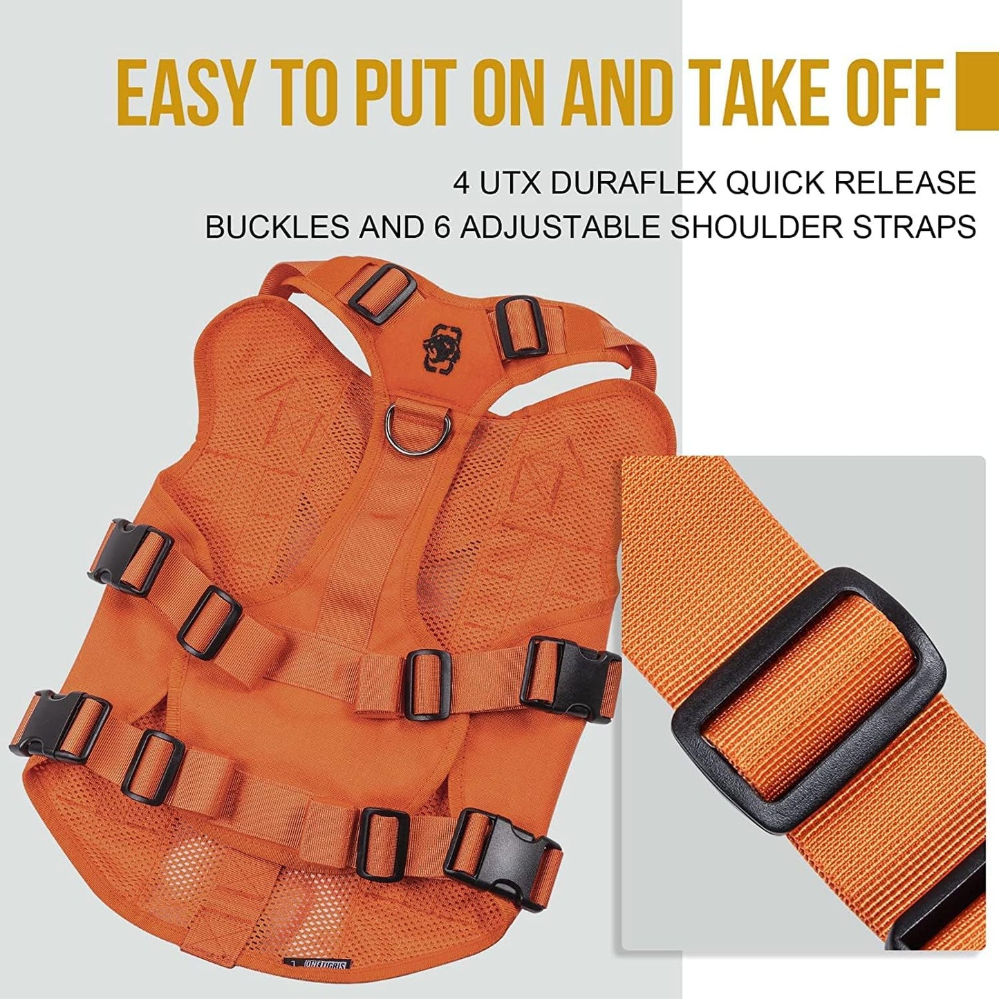 OneTigris No Pull Tactical Dog Harness for Large Dog, Mesh Design Breathable Service Dog Vest with Handle, Military Dog Vest Harness with Molle Panels for Walking Hiking Training (Orange, Large)