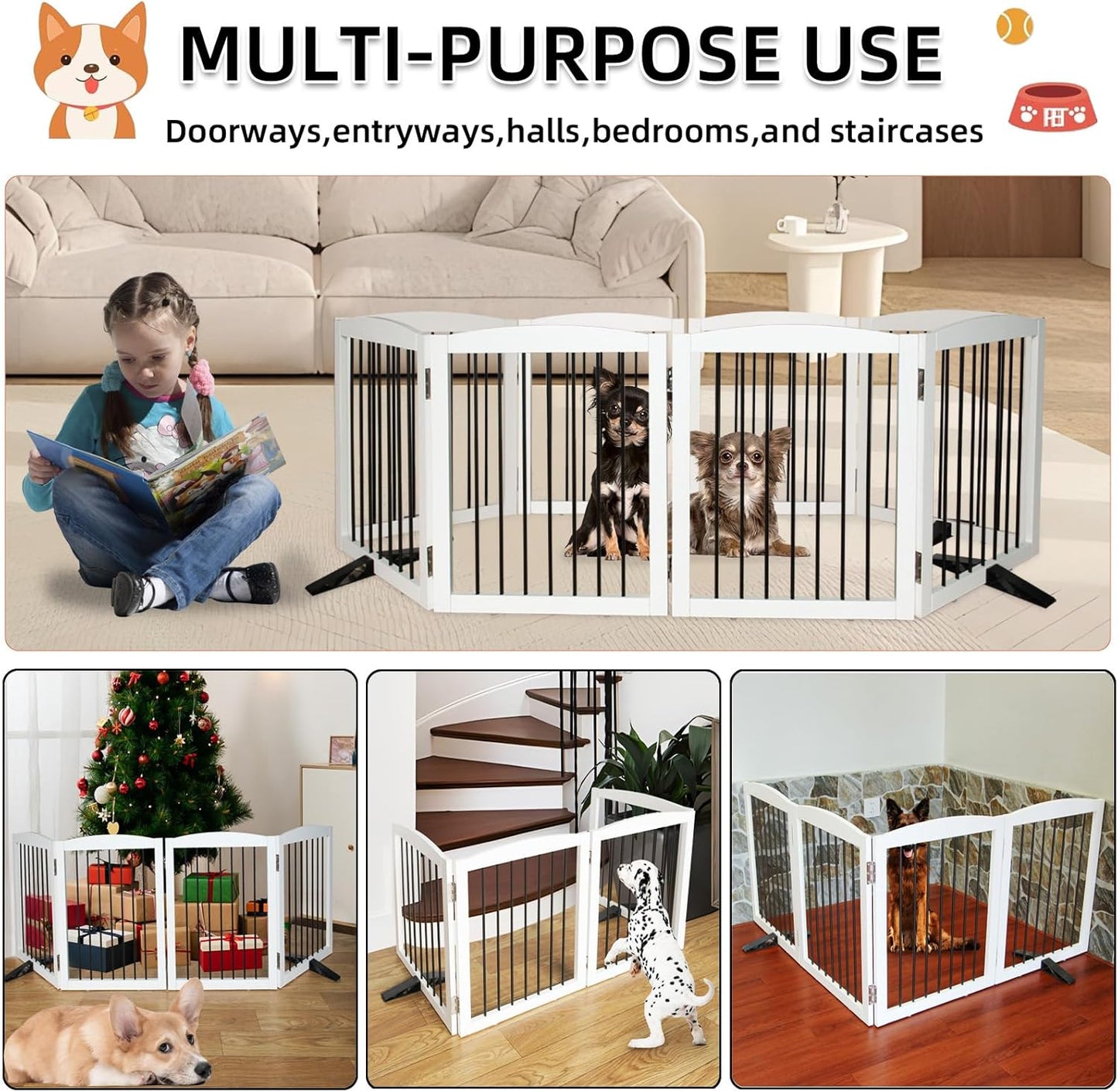 ZJSF Freestanding Panel Gate for Indoor Doorways, Stairs, or Hallways - Foldable White Wooden Dog Gates - Support Feet Included - 32" Height - 4 Panels