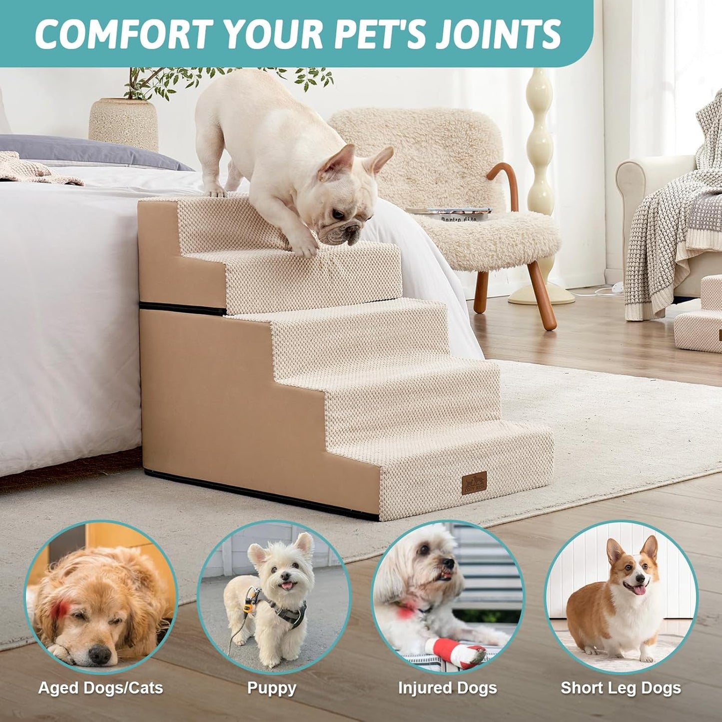 Dog Stairs for Small Dogs, 5 Tier Removable Wider Pet Stairs for Couch and Bed, 23.6" H Non-Slip Dog Steps for Puppies and Old Cats with Support Board, 29.5x19.7x23.6 inch, Beige