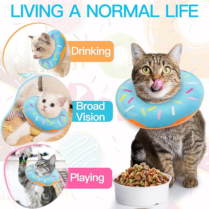 Cat Cone Collar Soft, Cute Cat Donut Collar After Surgery, Adjustable Kitten Recovery Cones to Stop Licking, Lightweight Neck Elizabethan Collars for Cats Kittens (Blue, Large)