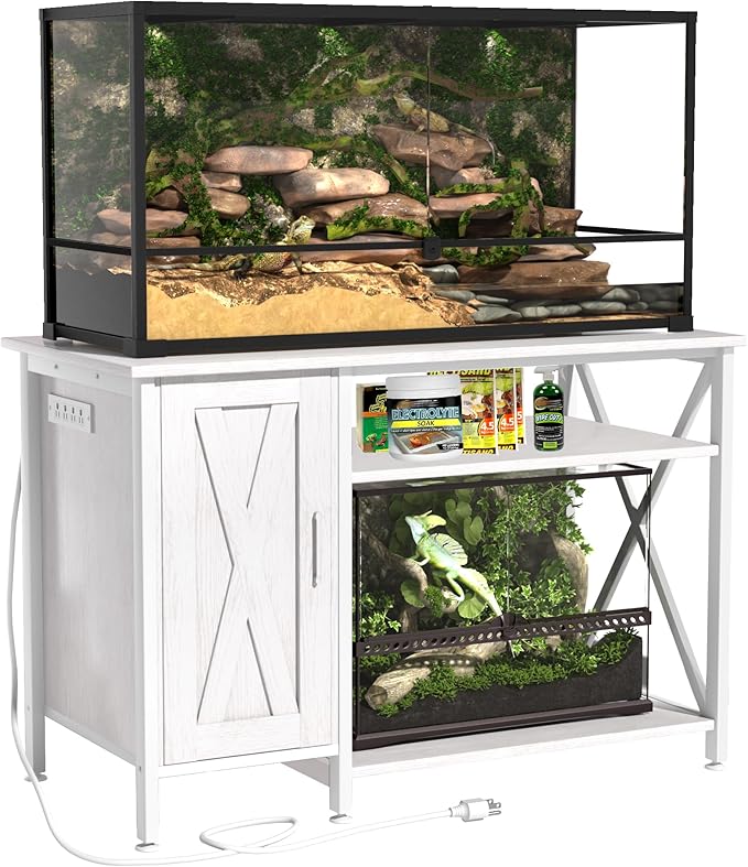40-120 Gallon Reptile Tank Stand with Power Outlet, Terrarium Stand with Storage Cabinet, 48" X 24" Tabletop, Reptile Terrarium,Turtle Tank White PG08XYW