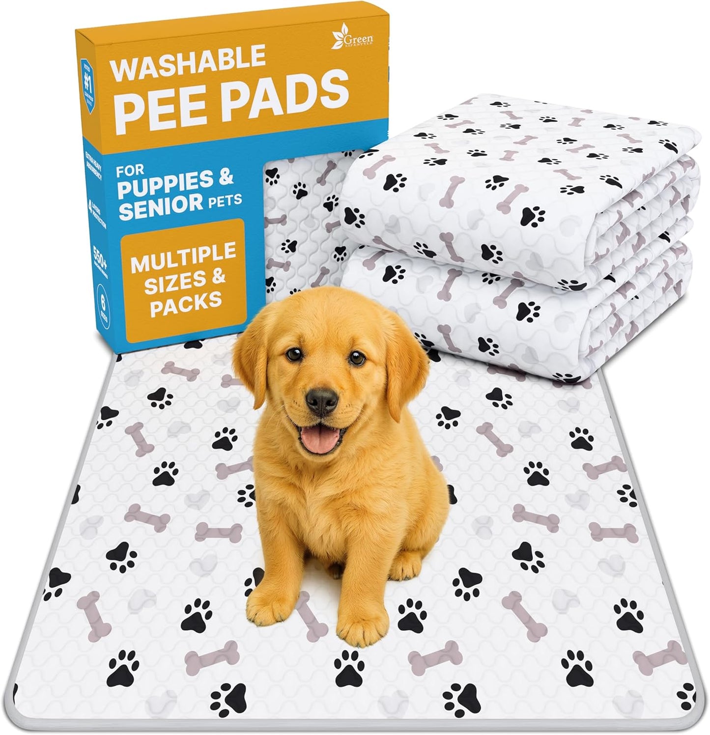 GREEN LIFESTYLE Washable Pee Pads for Dogs - Waterproof Reusable Puppy Pads with Anti-Slip Backing, Pet Training Pad for Puppy Playpen, Crate, Whelping Box, Potty Training (Pack of 2 - 48x48)