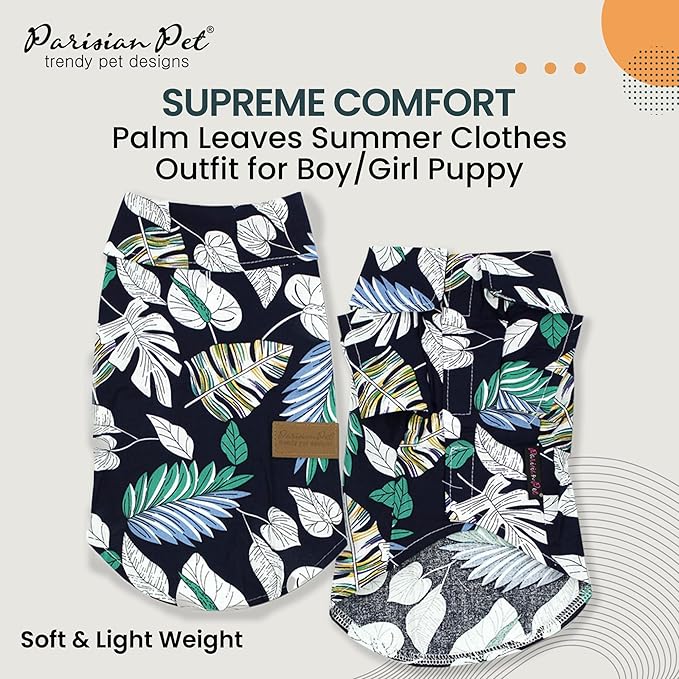 Parisian Pet Palm Leaves Dog Shirt - 100%Cotton Dog Summer Clothes - Stylish Dog Beach Oufit - Hook and Loop Closure Dog Costume - Machine Washable Dog Shirts for Small Dogs - L