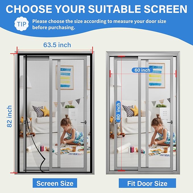 Magnetic Screen Door Left Right Side Opening Upgraded PET Mesh Greater Than Fiberglass and Polyester,Keep Bugs Out,Pet & Kid Friendly,Suitable for Sliding Doors,Patio French Doors-60" X 80"