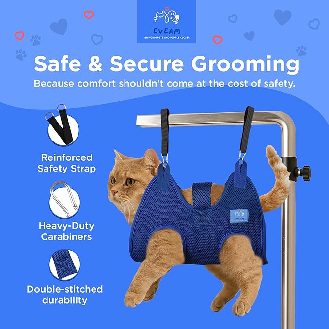 Pet Grooming Hammock for Cats & Small Dogs – Nail Clipping Kit with Sling, Clippers, File, Glove, Straps & Carabiners – Ideal for Trimming & Ear Cleaning – [S/XS] (Black, Small)