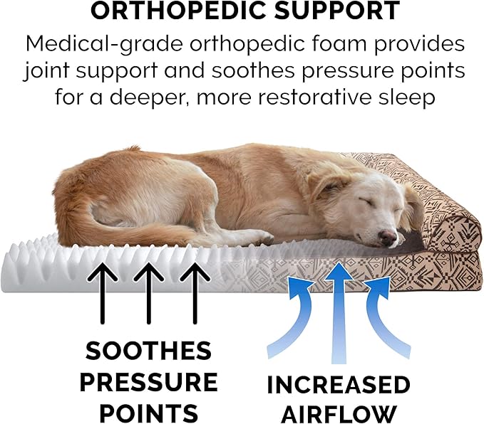 Furhaven Orthopedic Dog Bed for Large/Medium Dogs w/ Removable Bolsters & Washable Cover, For Dogs Up to 55 lbs - Plush & Southwest Kilim Woven Decor Sofa - Desert Brown, Large
