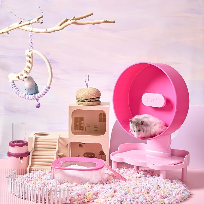 Quiet Hamster Wheel 10.2 Inch Dual-Bearings Silent Small Animals Running Exercise Wheel Height Adjustable for Syrian Hamsters, Gerbils, Rats, or Other Small Pets, Raspberry Pink