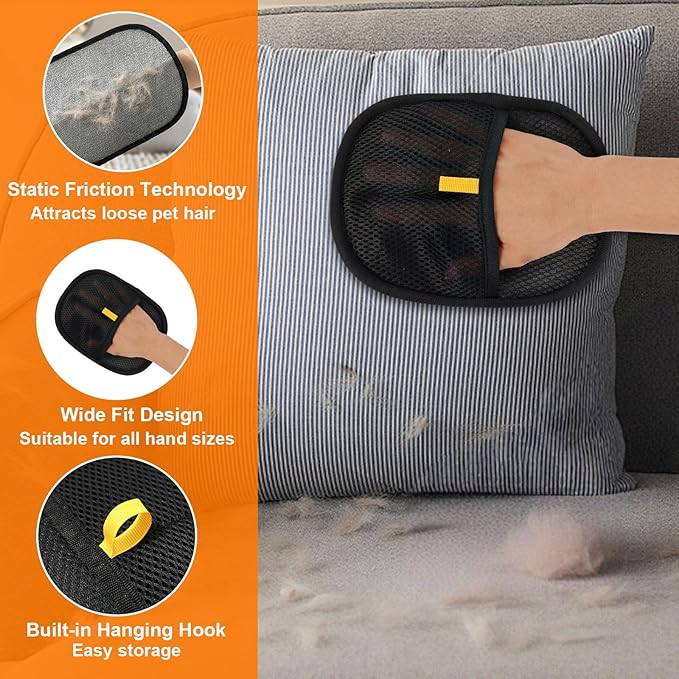 2 Pcs Pet Hair Removal Gloves，Electrostatic Pet Hair Remover,Reusable Cat & Dog Hair Remover for Couch, Furniture, Bed (Black)