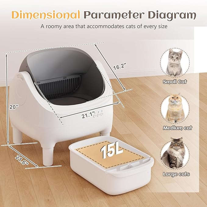 Greesum Automatic Self-Cleaning Litter Box for Cats - Open-Top Design, Easy Odor Control, Smart APP Control, 15L Large Waste Bin, Includes Trash Bags & Mat (Grey)