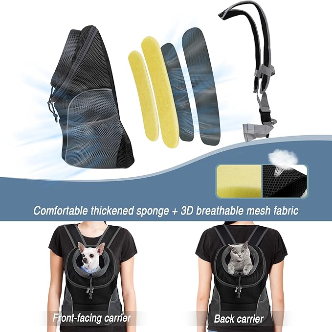 WOYYHO Pet Dog Carrier Backpack Small Dog Front Backpack Ventilated Dog Carrier Back Pack with Storage Pockets, Adjustable Straps & Safety Belt for Travel Hiking Outdoor (Size L: 10-14 lbs, Black)