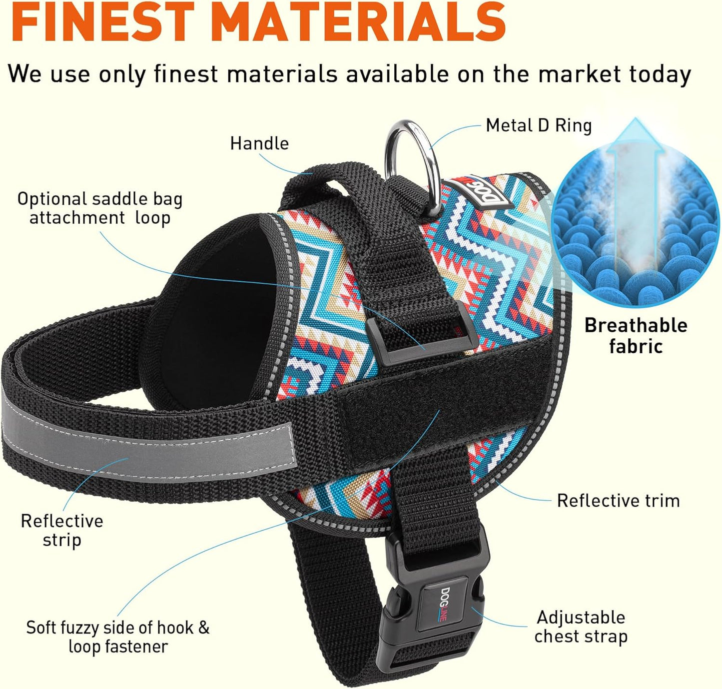 Dogline Dog Harness, Reflective No-Pull Adjustable Vest with Handle for Walking, Training, Breathable, No - Choke Harness for Small, Medium or Large Dogs Room for Patches Aztec Design 2 XL 33"-46"