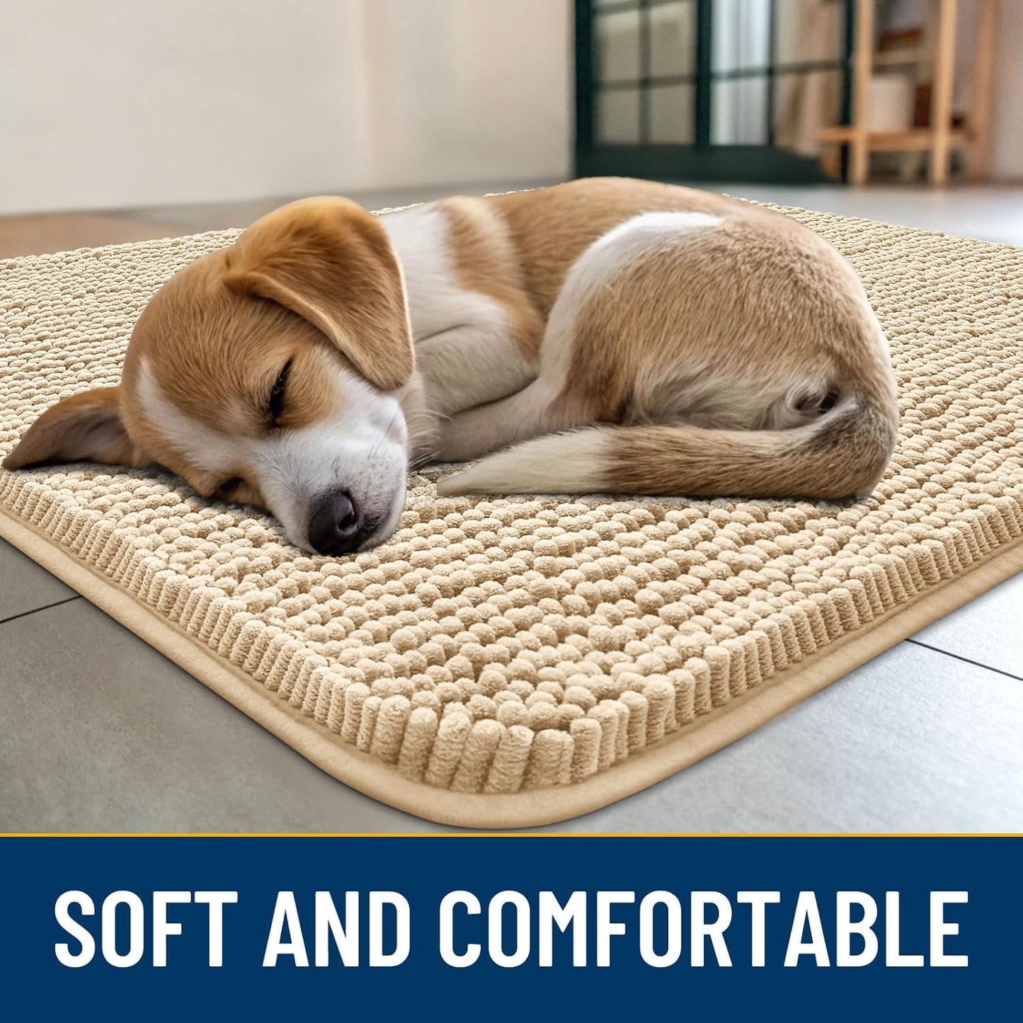 Smiry Dog Door Mat for Muddy Paws 47x20, Absorbs Moisture and Dirt Doormat, Non-Slip Washable Quick Dry Chenille Front Door Mat Indoor Entrance, Entryway Carpet for Inside Floor, Beige