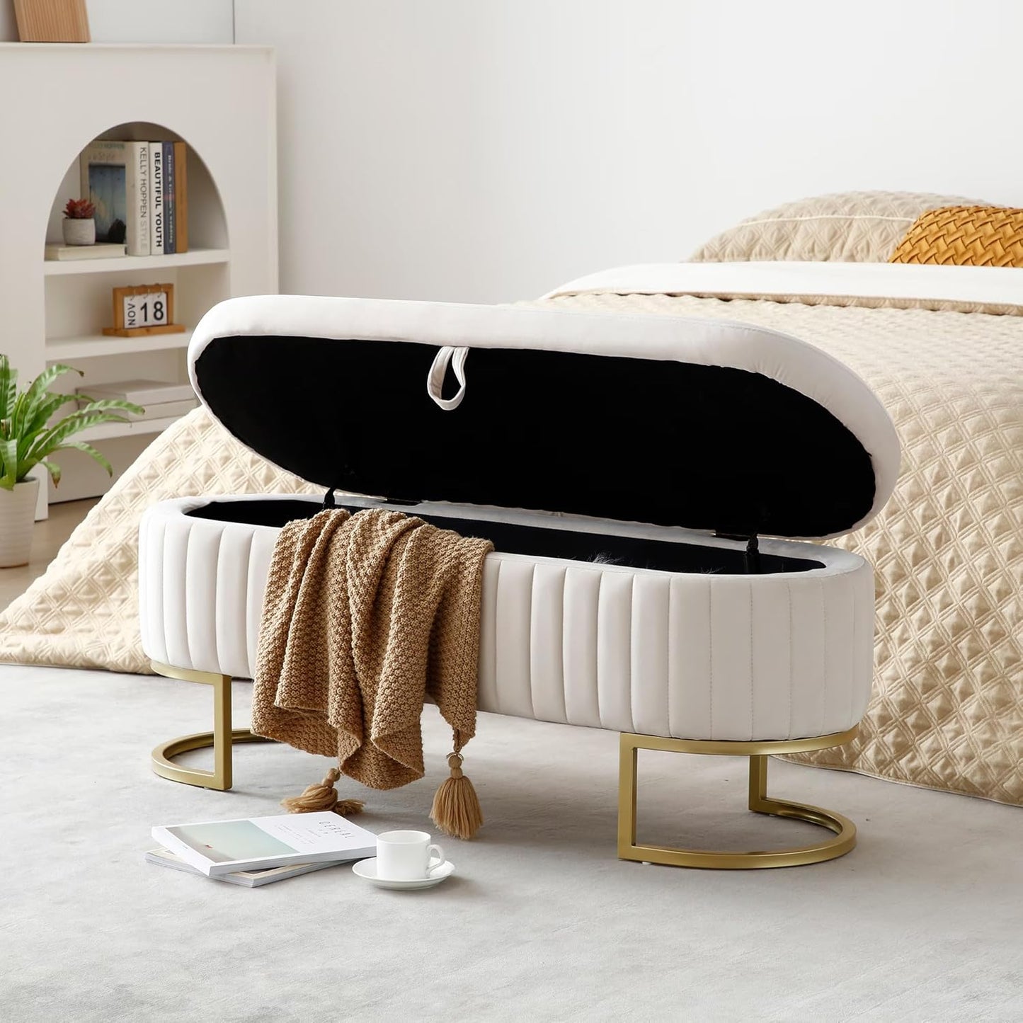 50" Sherpa Storage Ottoman Bench – Velvet Upholstered Bedroom Bench with Golden Metal Legs, Lift-Top Hidden Storage, Modern Footrest for Living Room, Entryway, Bed End (Beige)