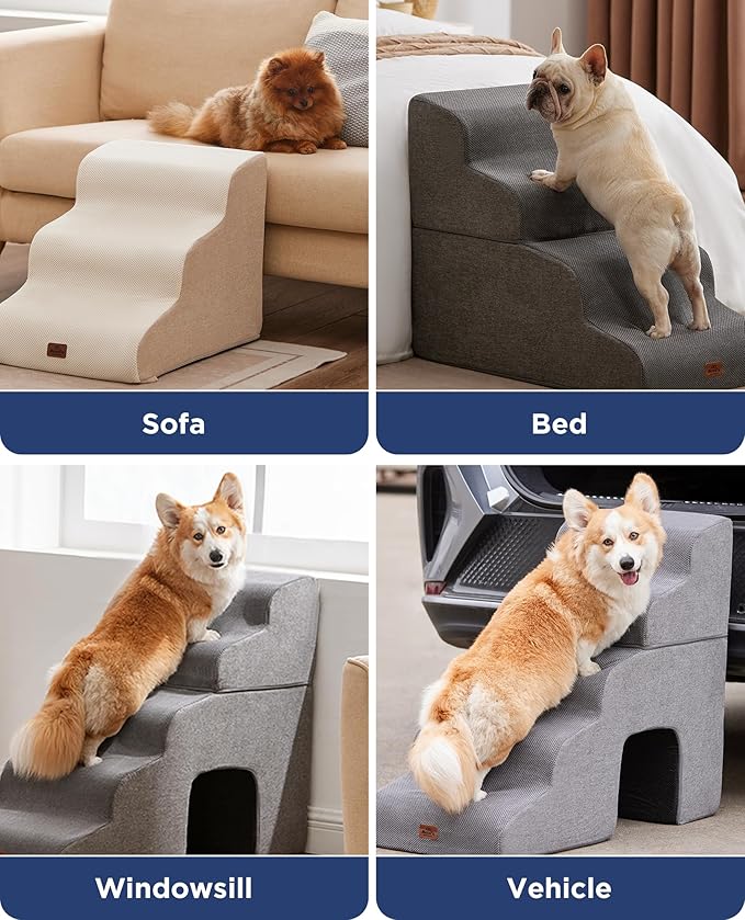 Gray Curved Dog Stairs Ramp for High Beds 28.7" H, 5-Step Dog Steps for Small Dogs and Cats, Pet Stairs for High Bed Climbing, Non-Slip Balanced Pet Step